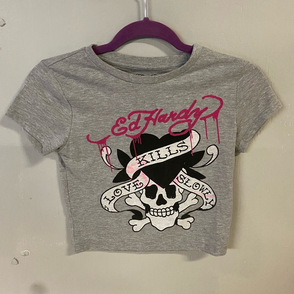 ED HARDY GRAPHIC  Gray Skull Kids T-Shirt, Cropped Tee